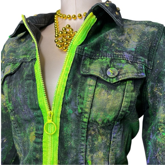Custom Vibrant Mardi Gras Green and Black Denim American Bazi Jacket, Size: Lg - Picture 5 of 10